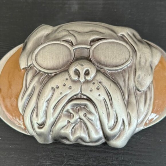 Vintage PUGS SUNGLASSES Logo Heavy Metal Plate Brown Enamel Advertising Emblem - Picture 1 of 2